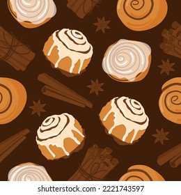 Cinnamon roll bun seamless pattern cartoon vector. Food baked in flat style. Bread bakery concept