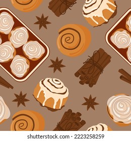 Cinnamon roll bun seamless pattern cartoon vector. Food baked in flat style. Bread bakery concept