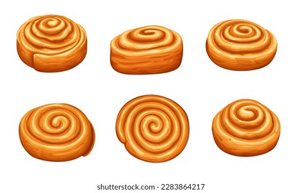 Cinnamon roll buns, sweet pastry made with rolled dough, cinnamon, sugar, and butter. Isolated vector set of baked golden brown doughy dessert with spiral shape. Homemade or cafe breakfast or snack