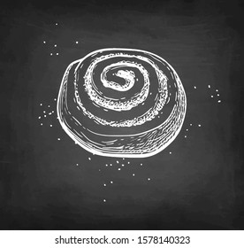 Cinnamon roll. Chalk sketch on blackboard background. Hand drawn vector illustration. Retro style.