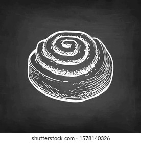 Cinnamon roll. Chalk sketch on blackboard background. Hand drawn vector illustration. Retro style.