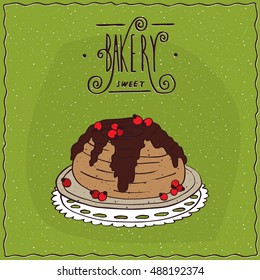 Cinnamon roll with chocolate and red berries look like currants, lie on lacy napkin. Green background and ornate lettering bakery. Handmade cartoon style. Vector illustration