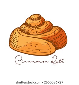 Cinnamon Roll color sketch with inscription, Pastry sweet bakery. Vector Cute kanelbullar bun, yeast french dough, sweet nutrition snack. Color illustration, hand drawn element for cafe, menu