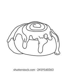 Cinnamon roll with cream and cinnamon. Dessert, sweets. Coloring page, icon, black and white vector illustration.