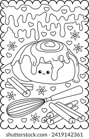 Cinnamon roll with cream and cinnamon. Kawaii characters. Sweets, dessert. Cute coloring page for kids and adults, black and white vector illustration.