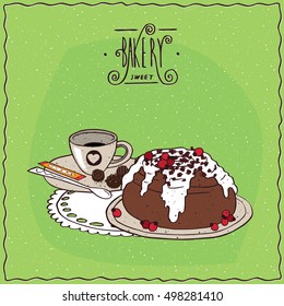 Cinnamon roll with cup of tea, lie on lacy napkin. Green background and ornate lettering bakery. Handmade cartoon style. Vector illustration