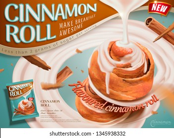 Cinnamon roll dessert ads with swirling condensed milk effect in 3d illustration