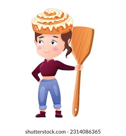 Cinnamon roll girl character isolated on white background. Vector illustration of a female character with a cinnamon bun on her head and with a spatula in her hands