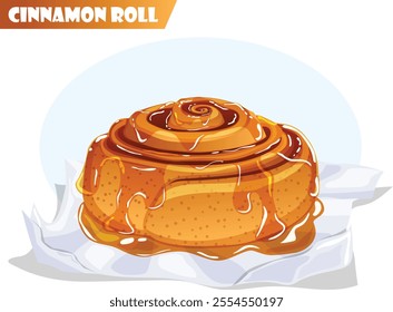 Cinnamon Roll Glazed with Maple Syrup Placed on a Paper. Isolated Swedish Pastry Graphic 