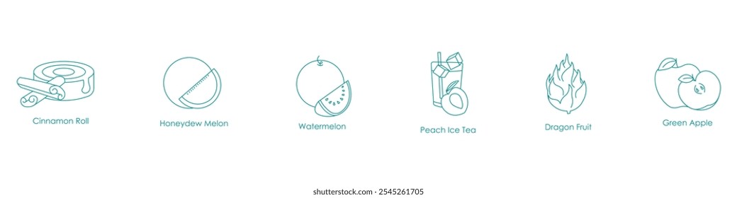 Cinnamon Roll, Honeydew Melon, Watermelon, Peach Ice Tea, Dragon Fruit, Green Apple Vape Icon Set Illustration