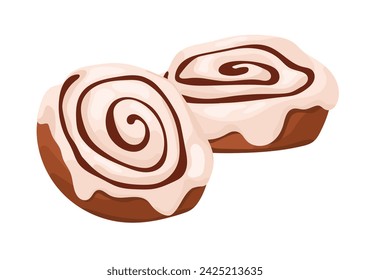 Cinnamon roll with icing. Baked swirls with sticky frosting. Homemade glazed Danish buns with spices. Bakery food, pastry goods. Bakehouse menu. Flat isolated vector illustration on white background