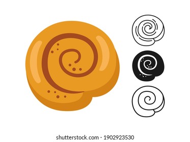 Cinnamon Roll Icon, Bread Line And Black Glyph, Cartoon Sign Set. Hand Drawn Sketch Fresh Sweet Round Bun Bakery. Shop Flat Food Design. Packaging Label, Vector Food App, Website