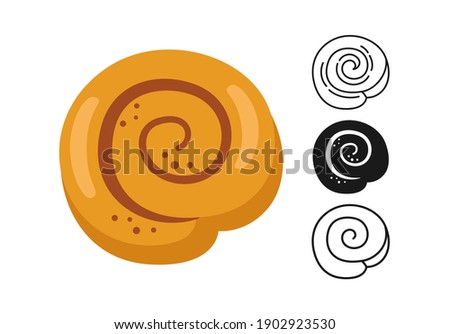 Cinnamon roll icon, bread line and black glyph, cartoon sign set. Hand drawn sketch fresh sweet round bun bakery. Shop flat food design. Packaging label, vector food app, website