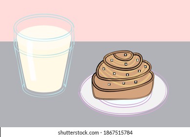 Cinnamon roll and milk - hand drawn vector illustration. Isolated objects, flat color design.