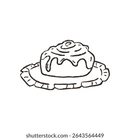 Rolo de canela em uma placa, rabiscar desenhado à mão, ilustração vetorial isolada no fundo branco. Estilo de esboço de contorno com textura vintage grunge. Conceito de massa cozida doce, café e padaria