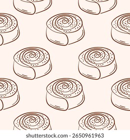 Cinnamon roll pastry seamless pattern in line art style. Perfect for bakery wallpaper, food packaging, breakfast menu design and sweet pastry theme.