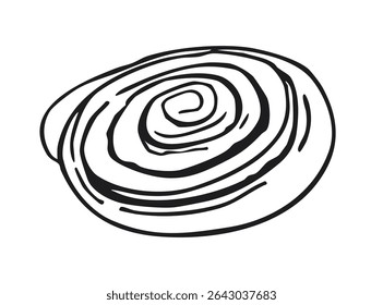 Cinnamon roll pastry in simple black outline style. Hand-drawn sweet bun illustration isolated on white background. Bakery and dessert concept