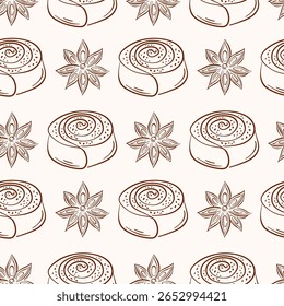 Cinnamon roll pastry with star anise seamless pattern in line art style. Perfect for bakery packaging, food design, breakfast menu and sweet pastry cafe.