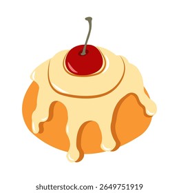 Cinnamon roll with red cherry and cream vector illustration in flat style. Hand drawn art perfect for autumn banners and social media