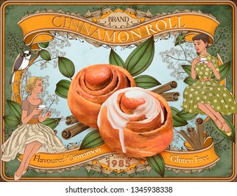 Cinnamon roll and rou gui herbs on women having afternoon tea in garden, retro style wood cut background