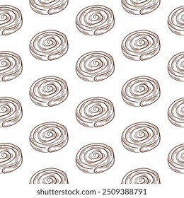 Cinnamon Roll seamless pattern in lone art style. Bakery wrapping paper with cinnamon bun wrapping, fabric, textile, surface, web and print design. Vector illustration on a white background.