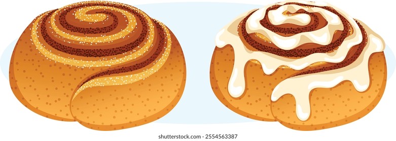 Cinnamon Roll Set with Powdered Sugar and Cream Icing on Top. Traditional Swedish Pastries 
