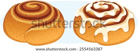 Cinnamon Roll Set with Powdered Sugar and Cream Icing on Top. Traditional Swedish Pastries 