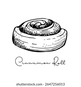Cinnamon Roll esboço com inscrição, pastelaria doce padaria. Vetor saborosos alimentos de padaria, levedura massa francesa, nutrição doce crosta snack.Text com elemento desenhado à mão para café, menu. Esboço desenhado à mão.
