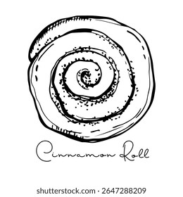 Cinnamon Roll esboço com inscrição vista superior, pastelaria doce padaria. Vetor saborosos alimentos de padaria, levedura massa francesa, nutrição doce crosta snack.Text com elemento desenhado à mão para café, menu, receita