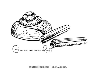 Cinnamon Roll sketch and cinnamon sticks with inscription, spicy pastry sweet bakery, sweet nutrition. Vector Cute kanelbullar bun icon. Black White illustration, hand drawn element for cafe, menu. 