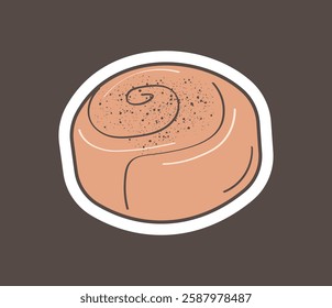 Cinnamon roll  sticker. Vector tasty bakery food, yeast french dough, sweet nutrition crusty snack, lunch or breakfast dessert.