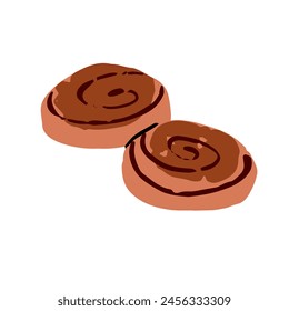 Cinnamon roll with sticky frosting. Baked swirls with chocolate icing. Homemade Danish buns. Bakery food, pastry, flour dessert. Bakehouse menu. Flat isolated vector illustration on white background