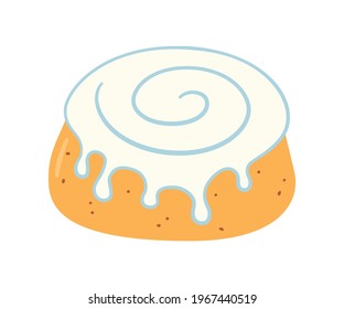 Cinnamon roll with sugar glaze. Swirl kanelbulle bun. Traditional dessert in Scandinavia and North America. Hand drawn isolated vector illustration on white background.