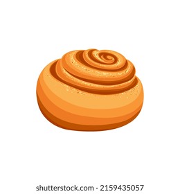 Cinnamon roll with sugar or sesame isolated cartoon swirl bun. Vector tasty bakery food, yeast french dough, sweet nutrition crusty snack, lunch or breakfast dessert, snake shape bun