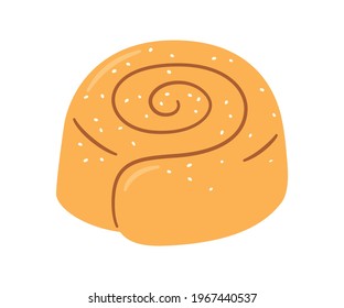 Cinnamon roll with sugar. Swirl kanelbulle bun. Traditional dessert in Scandinavia and North America. Hand drawn isolated vector illustration on white background.