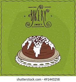 Cinnamon roll with white icing and pieces of chocolate, lie on lacy napkin. Green background and ornate lettering bakery. Handmade cartoon style. Vector illustration