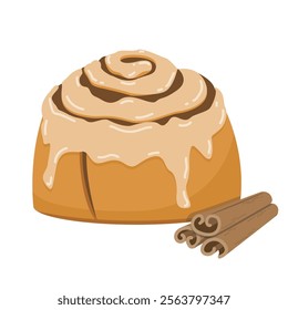 Cinnamon roll with white icing and cinnamon sticks decoration isolated illustration.