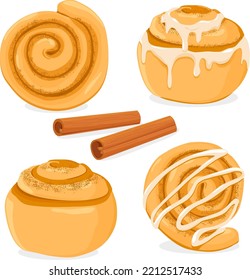 Rollos de canela. Productos de panadería. Ilustración vectorial.