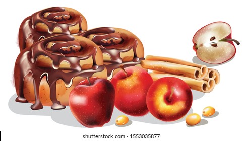 Cinnamon rolls with chocolate glaze and winter ornaments. Half apple, cinnamon sticks, orange slices, yellow. Winter food Vector