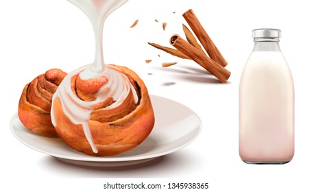 Cinnamon rolls with condensed milk and bottled milk in 3d illustration