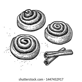 Cinnamon rolls. Ink sketch isolated on white background. Hand drawn vector illustration. Retro style.