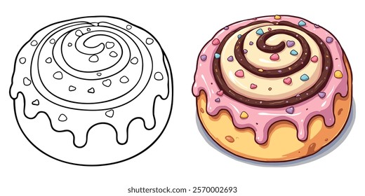 Cinnamon Rolls Line Art Vector Illustration Black and White with Coloring Sample. Bold and Easy Food, Sweets, Drinks, Dessert, and Snacks Coloring Pages for Adults and Kids.