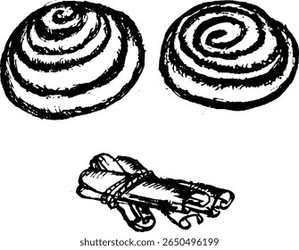 Cinnamon rolls and cinnamon sticks illustrated in vintage style  