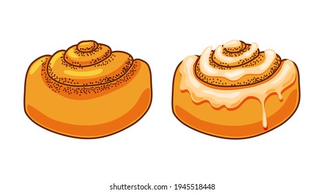Cinnamon rolls with sugar icing set in cartoon style vector illustration