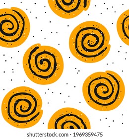 Cinnamon rolls with sugar. Seamless pattern with swirl buns. Hand drawn isolated vector illustration on white background