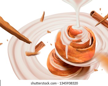 Cinnamon rolls with swirling condensed milk in 3d illustration