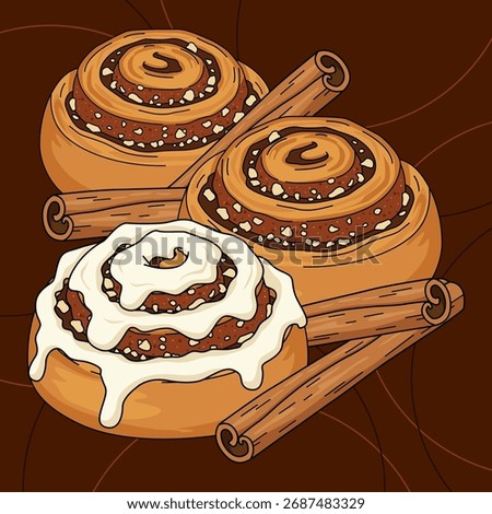 Cinnamon rolls topped with chopped nuts and sugar, with a few cinnamon sticks on a dark brown background. Perfect for celebrating National Cinnamon Roll Day on October 4th.