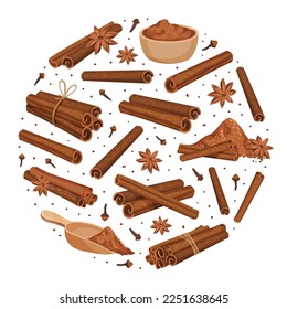 Diseño de composición redonda de canela con palillos de especias aromáticas y plantilla de vectores de polvo