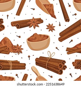 Cinnamon Seamless Pattern Design with Aromatic Spice Sticks and Powder Vector Template