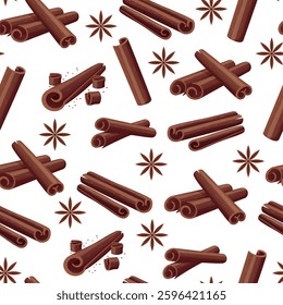 Cinnamon seamless pattern. Cinnamon sticks and anise stars, spices for cooking and baking. Kitchen print for fabric website wrapping, nowaday vector background